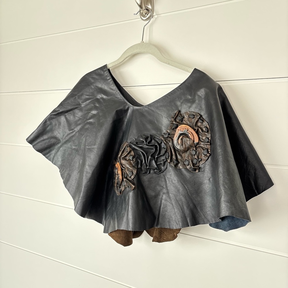 Handmade Vinatge Black Leather and Ceramic Festival Art Poncho Topper